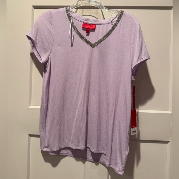 Jennifer Lopez Tops - NWT Jennifer Lopez Light Purple Embellished V-Neck Ribbed Tee